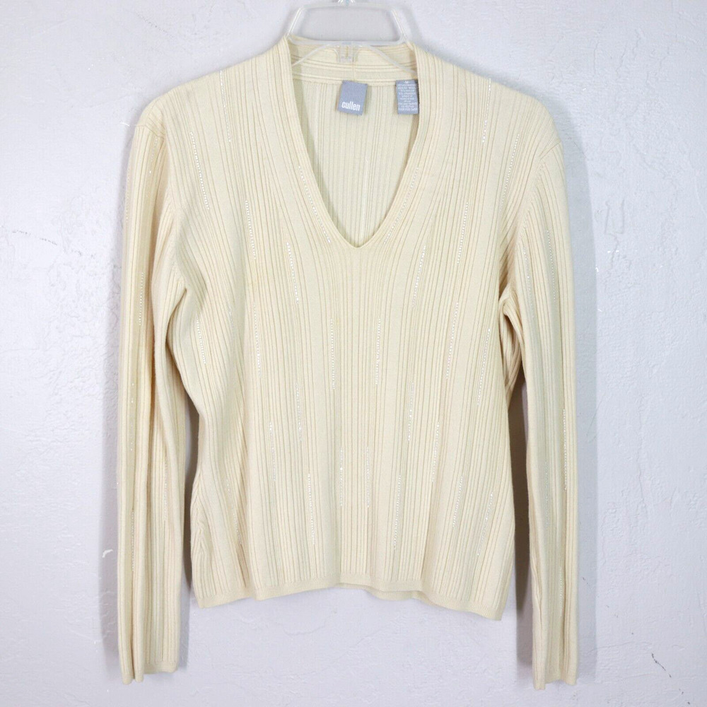 Vintage Cullen Top M Cream Ribbed Iridescent Beaded Vneck Long Sleeve Pullover